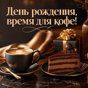 Открытка Днем Рождения с чашей кофе и тортиком