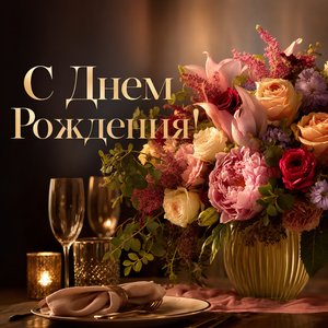 Открытка Днем Рождения с цветами на столе