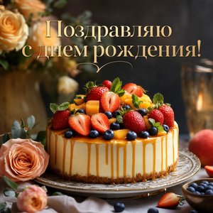 Открытка Днем Рождения с фруктовым тортом