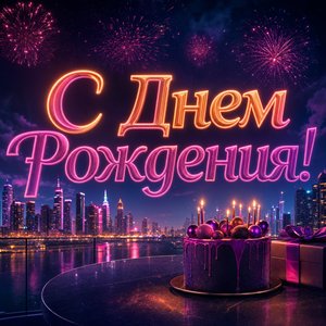 Открытка Днем Рождения с неоновыми огнями
