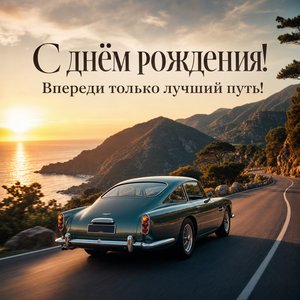 Открытка Днем Рождения с ретро автомобилем