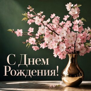 Открытка Днем Рождения с сакурой в вазе