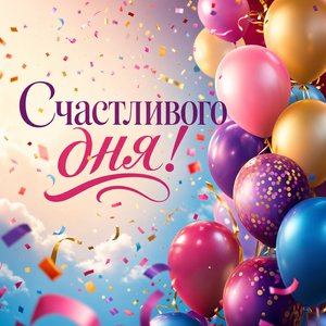 Открытка Днем Рождения с шарами и конфетти