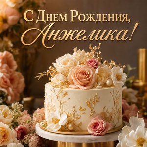 Открытка Днем Рождения с тортом и цветами