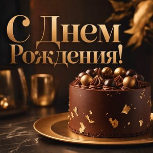 Открытка Днем Рождения с тортом в золотой посуде Открытка Днем Рождения с тортом в золотой посуде