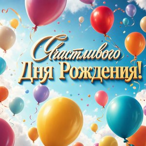 Открытка Днем Рождения с воздушными шарами на фоне неба Открытка Днем Рождения с воздушными шарами на фоне неба