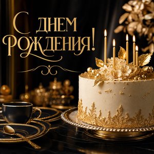 Открытка Днем Рождения с золотой посудой и тортом