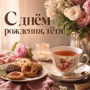 Открытка Дня Рождения с чаем и печеньем