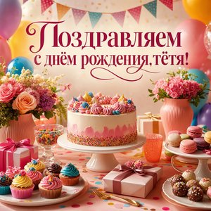 Открытка Дня Рождения с праздничным столом и угощениями