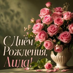 Открытка Дня Рождения с розами в вазе