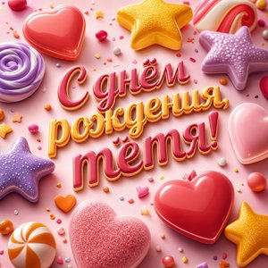 Открытка Дня Рождения с сердечками и конфетами