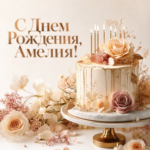 Открытка дня рождения с тортом и цветами