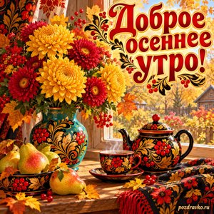 Открытка «Доброе осеннее утро!» с цветами и чайником в хохломе