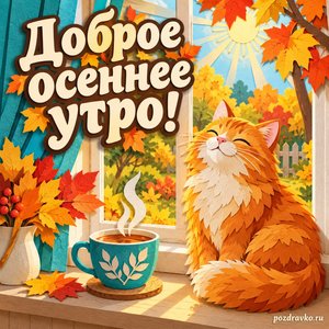 Открытка «Доброе осеннее утро!» с рыжим котом и чаем на подоконнике