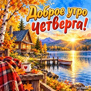 Открытка «Доброе утро четверга!» с домиком у озера