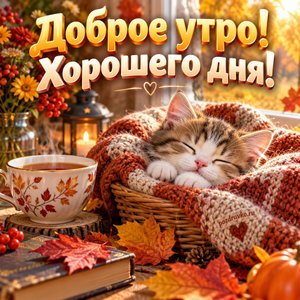 Открытка «Доброе утро! Хорошего дня!» с котёнком в корзинке