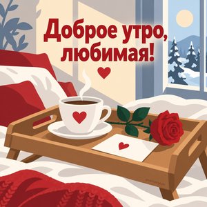 Открытка «Доброе утро, любимая!» с розой и кофе