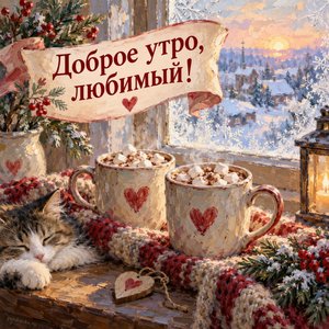 Открытка «Доброе утро, любимый!» с какао у морозного окна