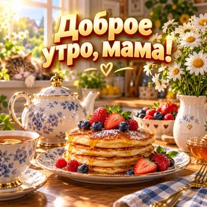 Открытка «Доброе утро, мама!» маме с блинами и ромашками