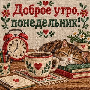 Открытка «Доброе утро, понедельник!» с будильником и котом