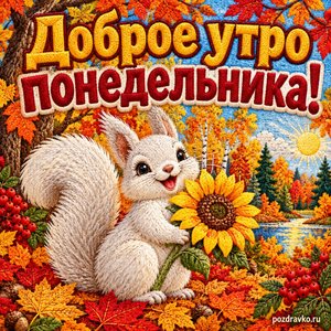 Открытка «Доброе утро понедельника!» с белкой и подсолнухом