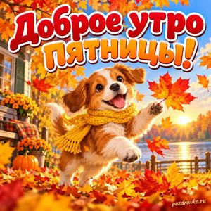 Открытка «Доброе утро пятницы!» со щенком в жёлтом шарфе