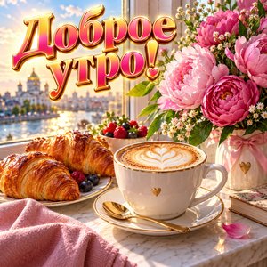 Открытка «Доброе утро!» с капучино и круассанами