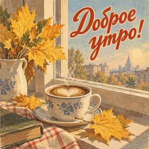 Открытка «Доброе утро!» с кофе и кленовыми листьями