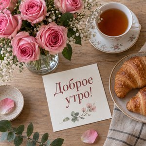 Открытка «Доброе утро!» с розами и чаем