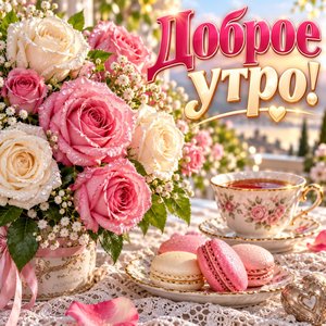 Открытка «Доброе утро!» с розами и макарунами