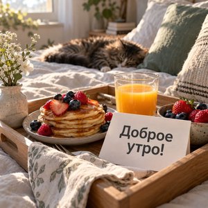 Открытка «Доброе утро!» с завтраком в постель