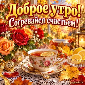Открытка «Доброе утро! Согревайся счастьем!» с розами и чаем с лимоном
