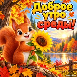 Открытка «Доброе утро среды!» с белкой и подсолнухом
