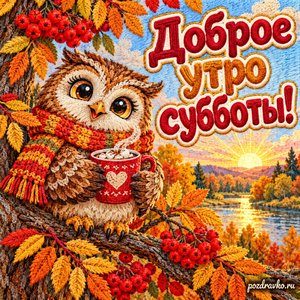 Открытка «Доброе утро субботы!» с совой и какао