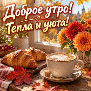 Открытка «Доброе утро! Тепла и уюта!» с кофе, круассанами и георгинами