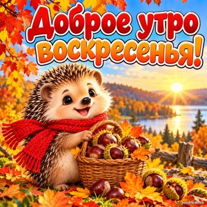 Открытка «Доброе утро воскресенья!» с ёжиком и каштанами