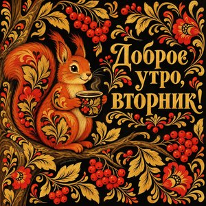 Открытка «Доброе утро, вторник!» с белкой и кофе
