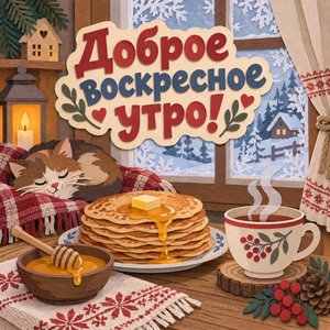 Открытка «Доброе воскресное утро!» с блинами и мёдом