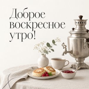 Открытка «Доброе воскресное утро!» с сырниками и самоваром