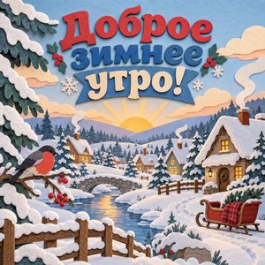 Открытка «Доброе зимнее утро!» с зимней деревней