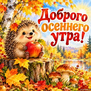 Открытка «Доброго осеннего утра!» с ёжиком и яблоком