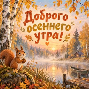 Открытка «Доброго осеннего утра!» с туманным лесом