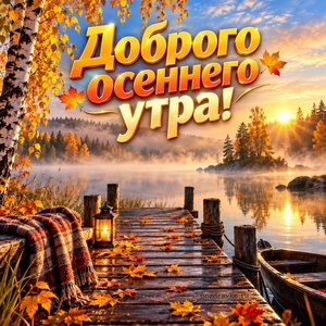 Открытка «Доброго осеннего утра!» с туманным озером