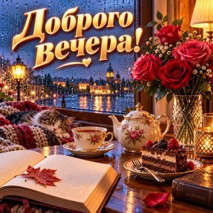 Открытка «Доброго вечера!» с чаем и книгой у окна