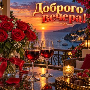 Открытка «Доброго вечера!» с вином и розами