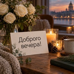 Открытка «Доброго вечера!» со свечами и шишками