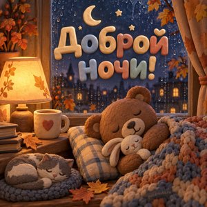 Открытка «Доброй ночи!» с дождём и мишкой