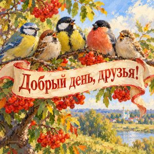 Открытка «Добрый день, друзья!» с птичками на ветке