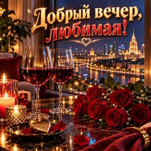 Открытка «Добрый вечер, любимая!» любимой со свечами и розами