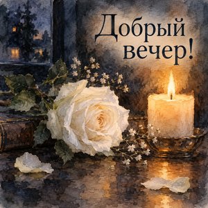Открытка «Добрый вечер!» с белой розой и свечой